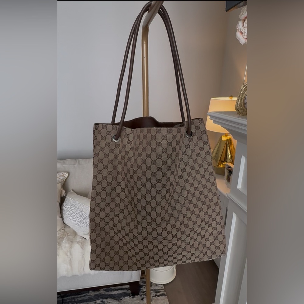 Y2K Vintage Gucci Jumbo GG Monogram Canvas Tote Bag • Brown Leather Straps - Picture 2 of 15